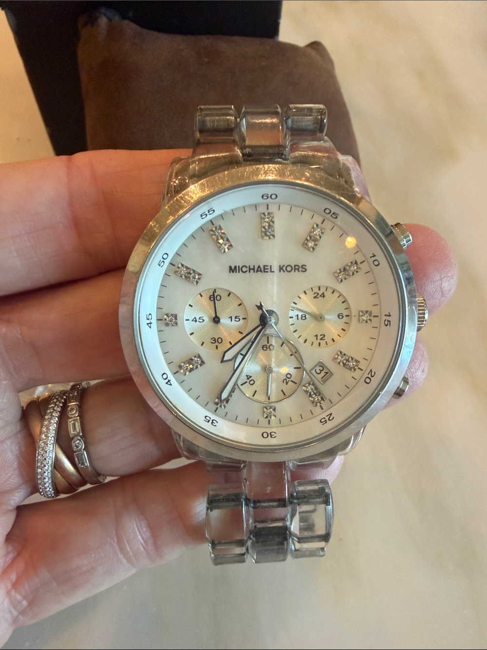 Michael Kors Silver-Tone Crystal Accent Chronograph Watch